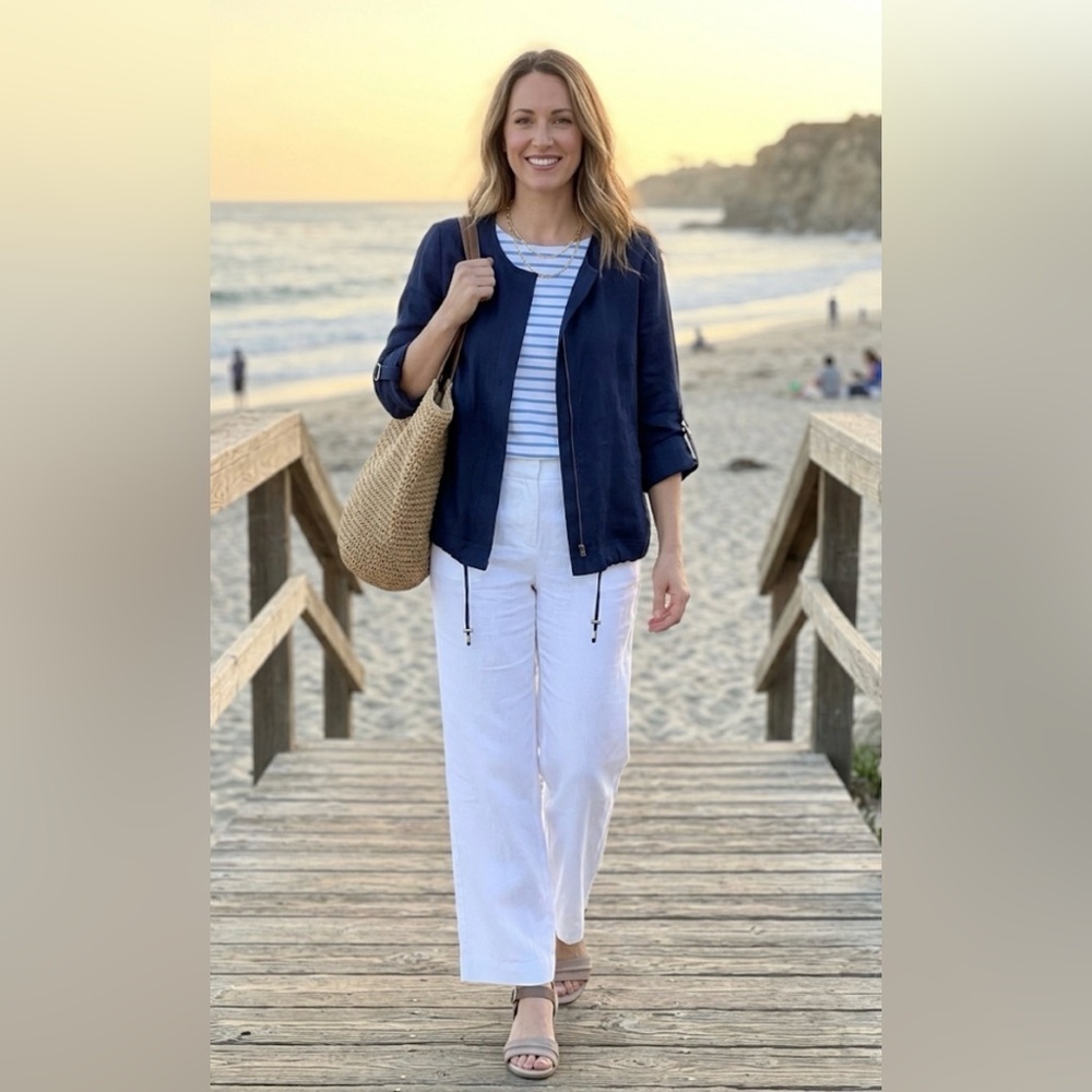 Chico's Navy 100% Linen Lightweight Utility Zip-Up Jacket - Size 1 - Picture 3 of 10